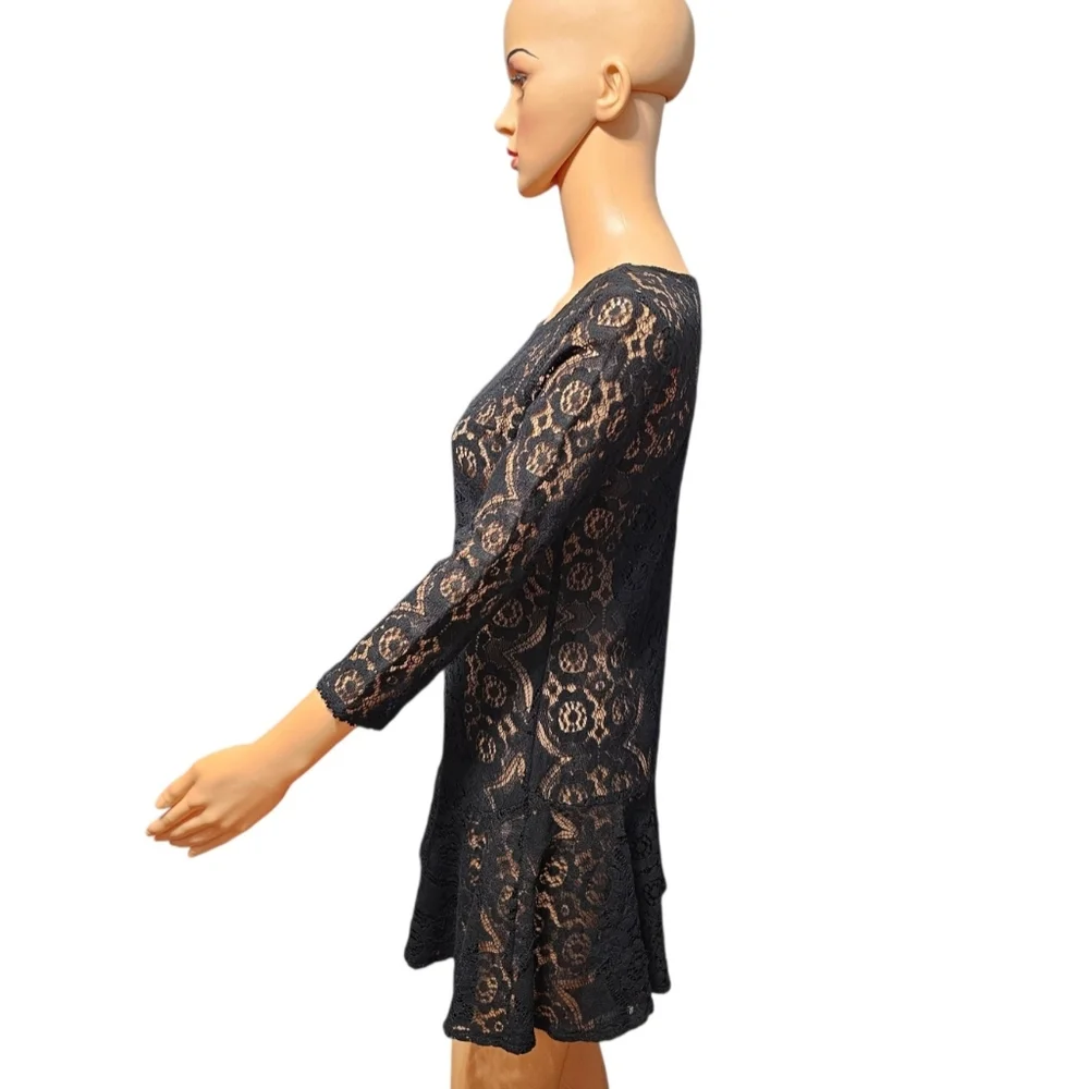 Free People Black Lace Ruffle Hem Whimsigoth Mini Dress Sz 2